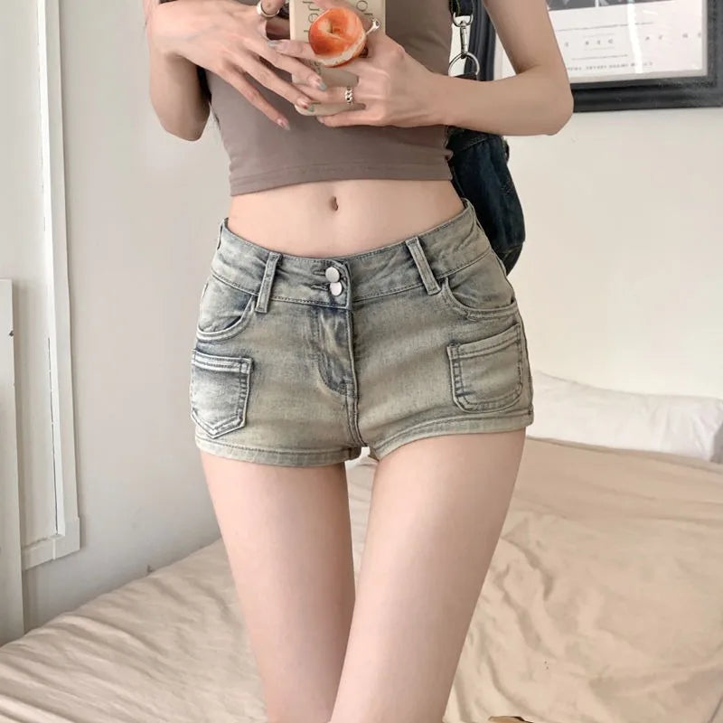 Korean Style Hottie Low Rise Denim Shorts Summer Women's Feel Club Made Old Pocket Cotton Spring Straight Round Hip Denim Shorts - reetell