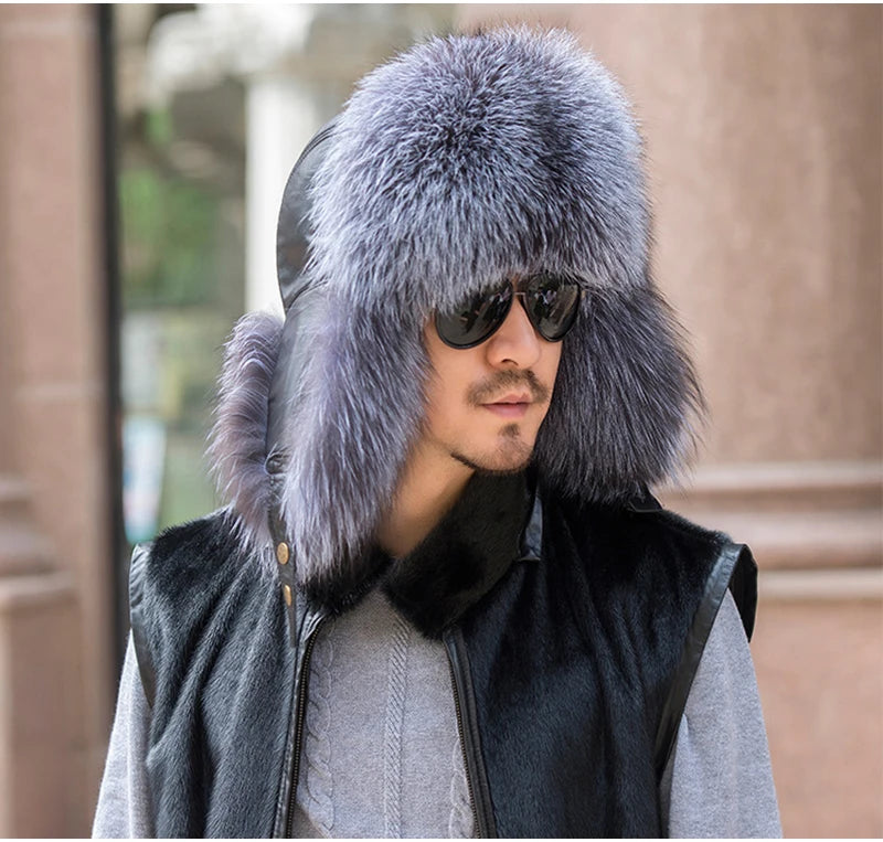 Winter Men's 100% Real Silver Fox Fur Bomber Hat Raccoon Fur Ushanka Cap Trapper Russian Man Ski Hats Caps Real Leather