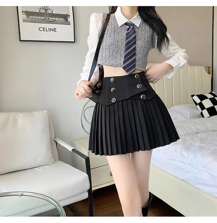 Pleated Skirt New Spring Autumn All-match Buttons Solid Color High Waist A-line Skirt Femme Preppy Style Pleated Trend Skirts - reetell