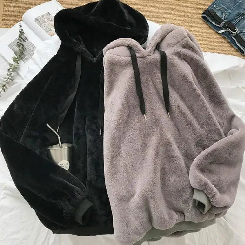 Autumn Winter Fleece-lined Hooded Long-sleeve Sweatshirt Women Hoodies Fashion Loose Couple's Warm Plush Coat Lazy Style Tops - reetell