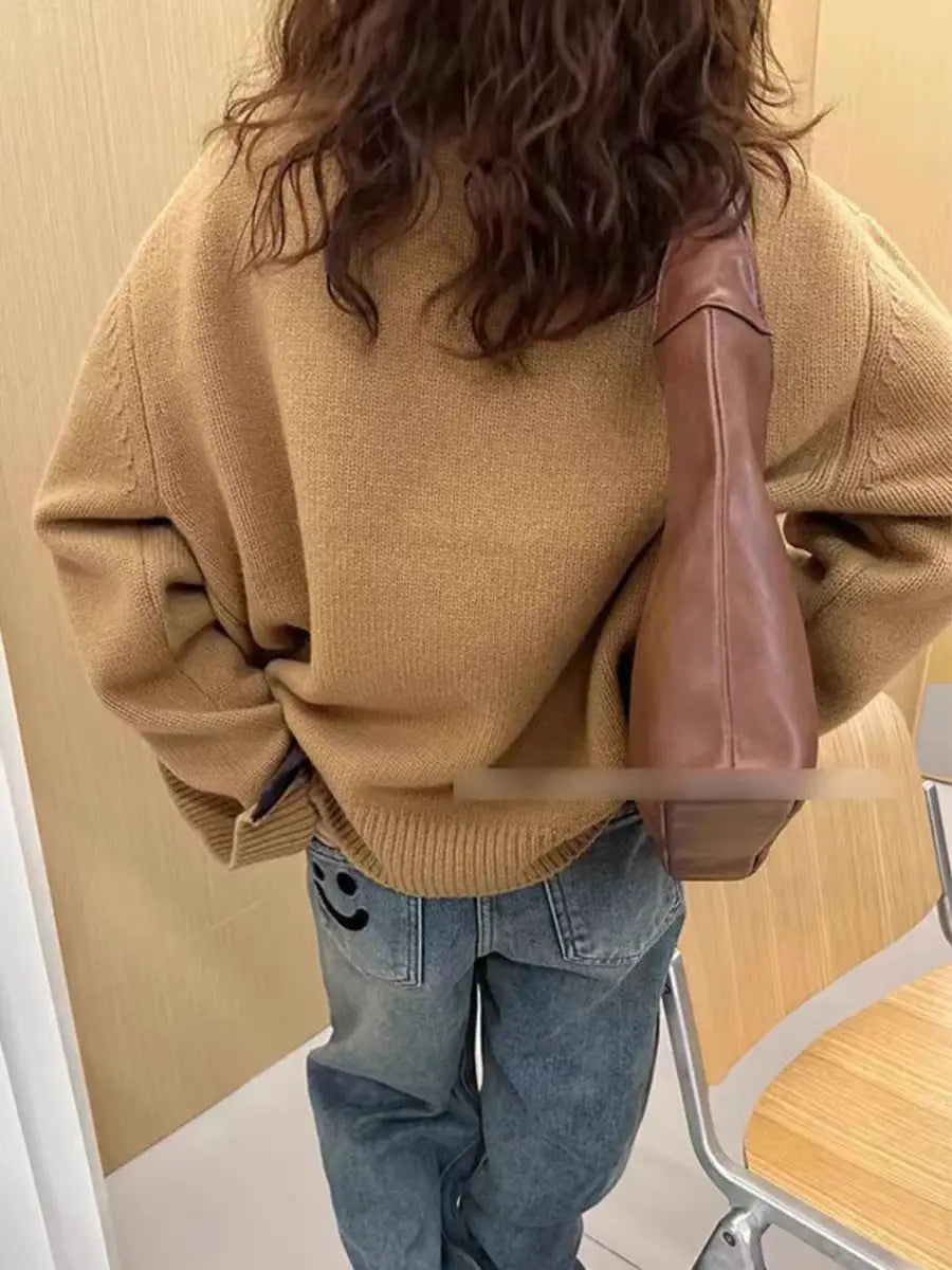 European turtleneck zipper 100% cashmere cardigan women's autumn and winter high-end loose thick wool knit sweater coat - reetell