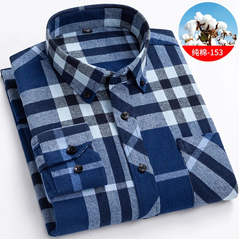 Cotton Mens Checkered Shirts Long Sleeve Soft Plaid Shirt Button Up Regular Fit Leisure Classical Vintage Comfortable Man Tops