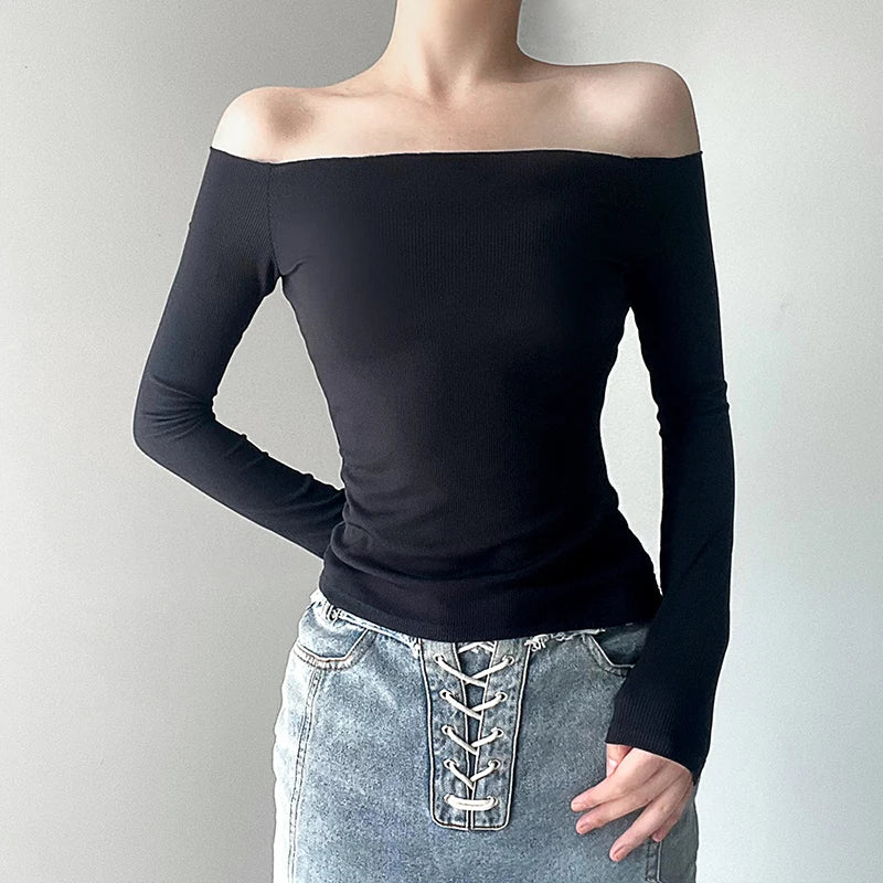 CIBBAR Solid Slash Neck Crop Top Women Off Shoulder Long Sleeve Skinny T-shirt Harajuku y2k Femme Clothing Autumn Casual Shirts - reetell