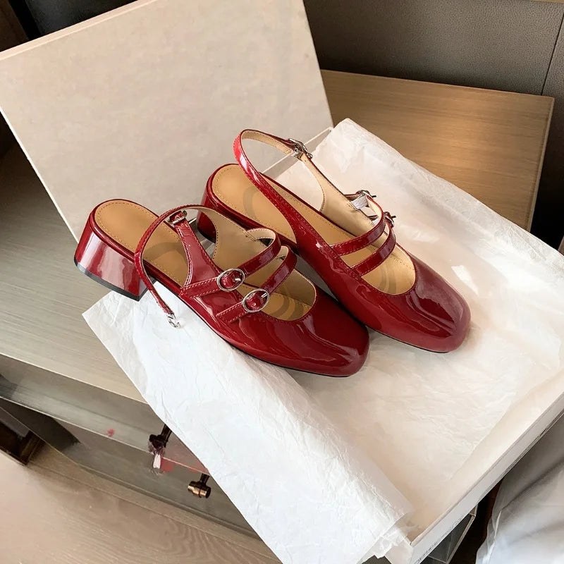 Classic Red Mary Jeans Woman Patent Leather Med-High Heels Sandals Two Buckle Belt Strap Shoes Femme Slingback Lolita Footwear - reetell