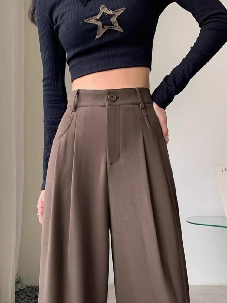 Fashion High Waist Wide Leg Pants Women Spring Fall Baggy Black Trouser Office Ladies Full Length Straight Suit Pant Outwear New - reetell