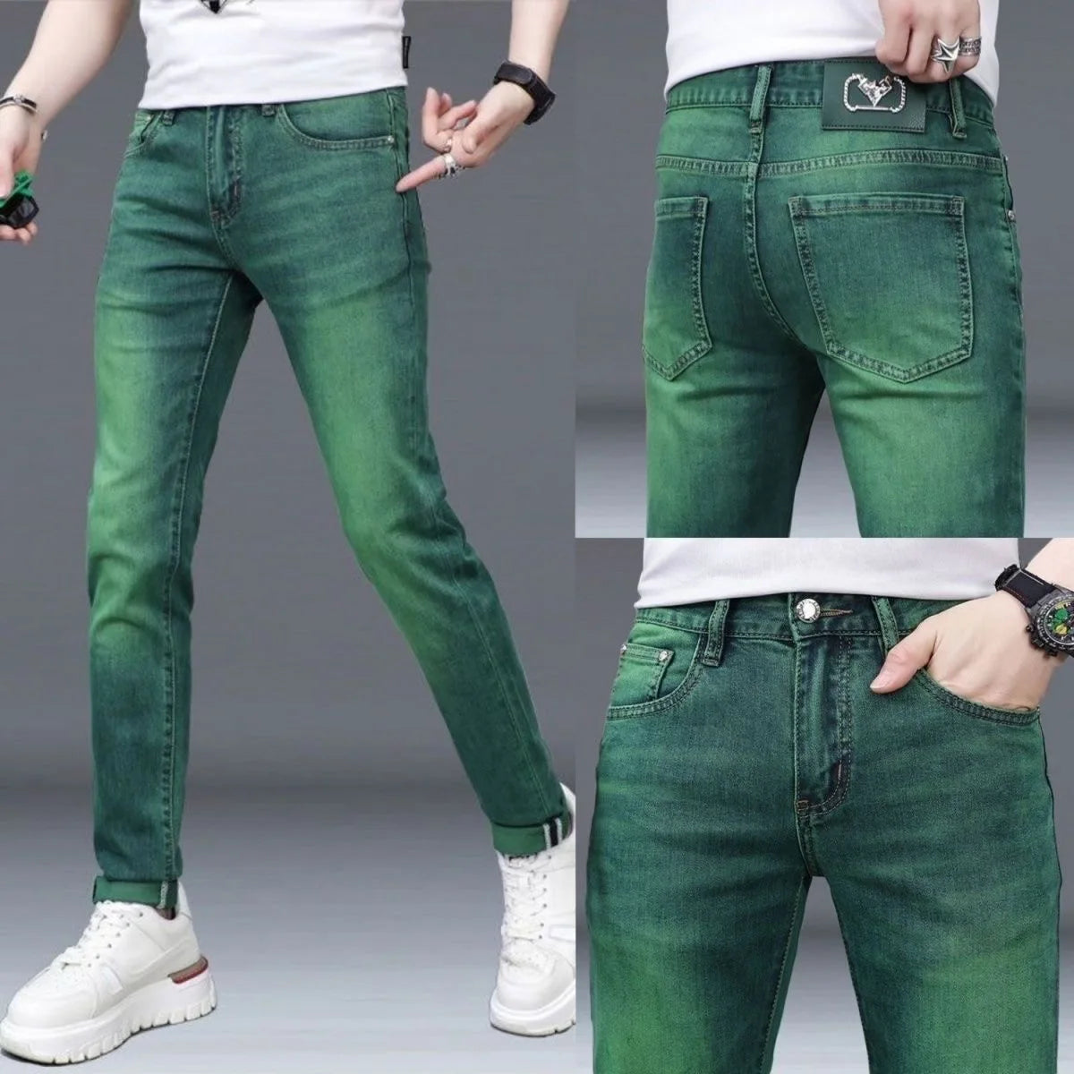 2024 Spring and Autumn New Fashion Trend Straight Leg Stretch Green Jeans Men's Casual Comfort Breathable High Quality Pants - reetell