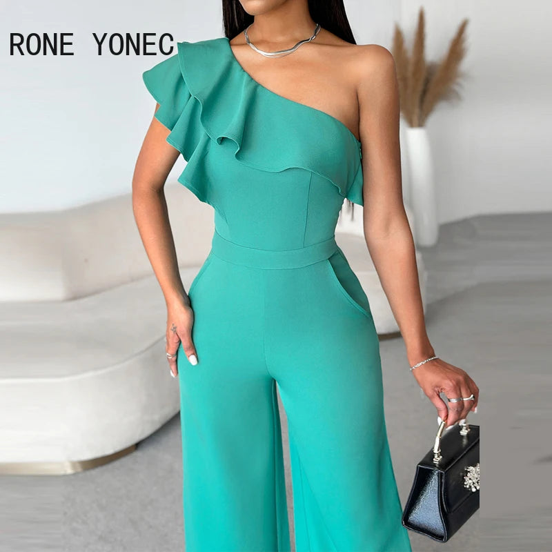 Women Elegant Solid One Shoulder Ruffle Decoration Wide Leg Formal Jumpsuit