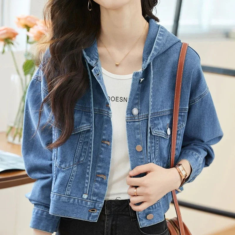 Crop Hooded Small Women's Denim Jackets Outerwears Female Jeans Coat Spring Autumn Plain Blue Short On Offer With Elegant Classy