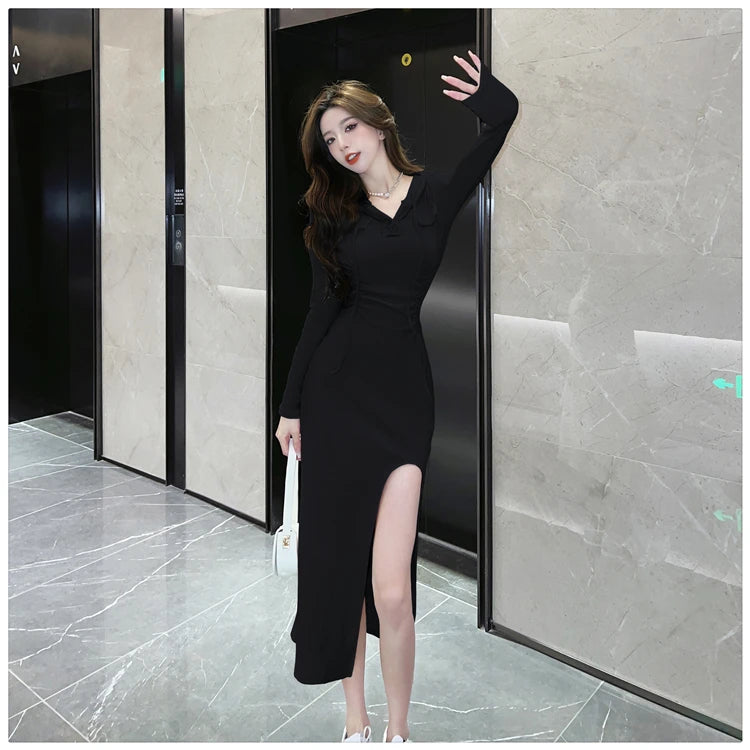 Autumn Fashion Solid Hooded Party Dresses for Women Elegant Birthday Evening Dress Female Sweatshirt Slit Midi Vestidos Mujer - reetell