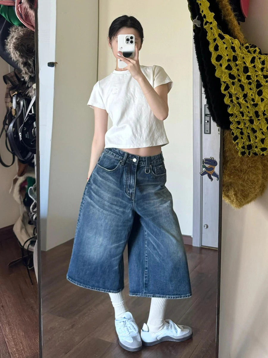 2024 Vintage Wash Whiskers Denim Shorts Women Low Rise Distressed Frayed Wide Leg Baggy Jeans Jorts Casual Summer Clothes - reetell