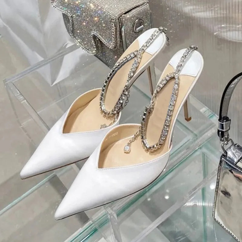 Luxury Rhinestones Chains Women Pumps Designer Sandals High Heels Summer Ankle Strap Party Shoes Star Style Wedding Prom Shoes