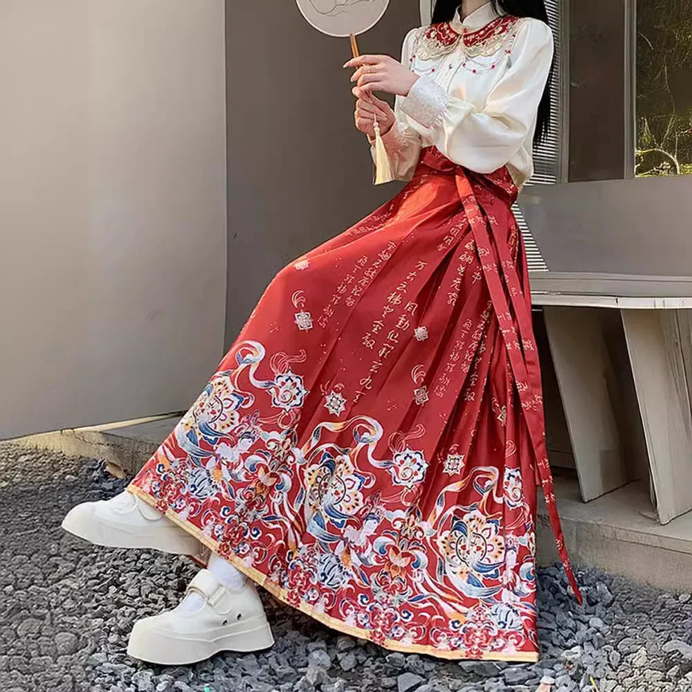 Maxi Chinese Style Horse Face Skirts Women Hanfu Vintage Harajuku Saia Casual Long Print Pleated Skirt Woman Clothing Faldas - reetell