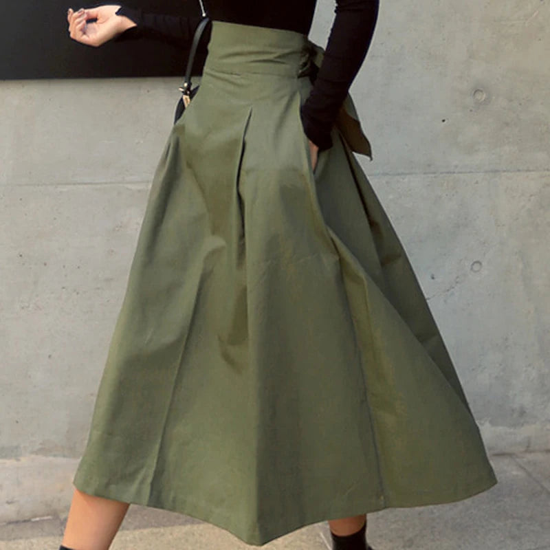 Skirts Womens Korean Fashion Solid Color Big Swing Ladies Skirt Long Skirt 2022 Autumn Wild High Waist Bow Slim Skirts - reetell