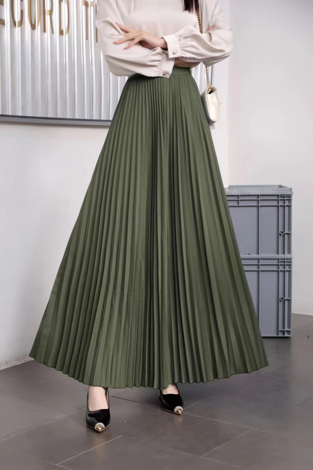 2023 Women Elegant Pleated Skirt High Waist Women Mid-long Skirt Female Ladies High Quality Women Midi Skirt Black Saia - reetell