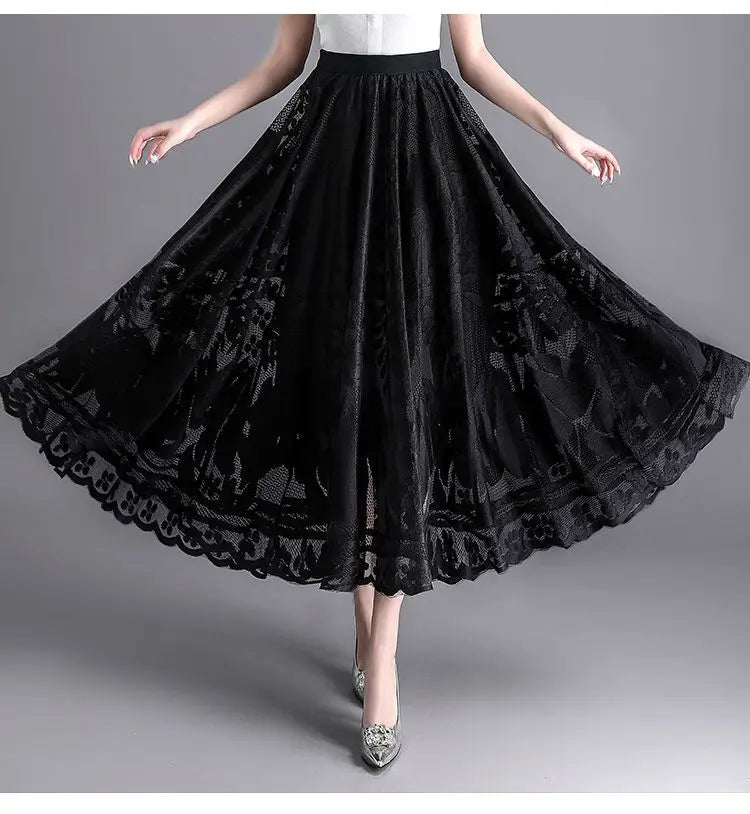 Fashion Elastic Waist Spliced Gauze Lace High Waist Skirt Women's Clothing 2024 Spring New Loose Solid Color Office Lady Skirts - reetell