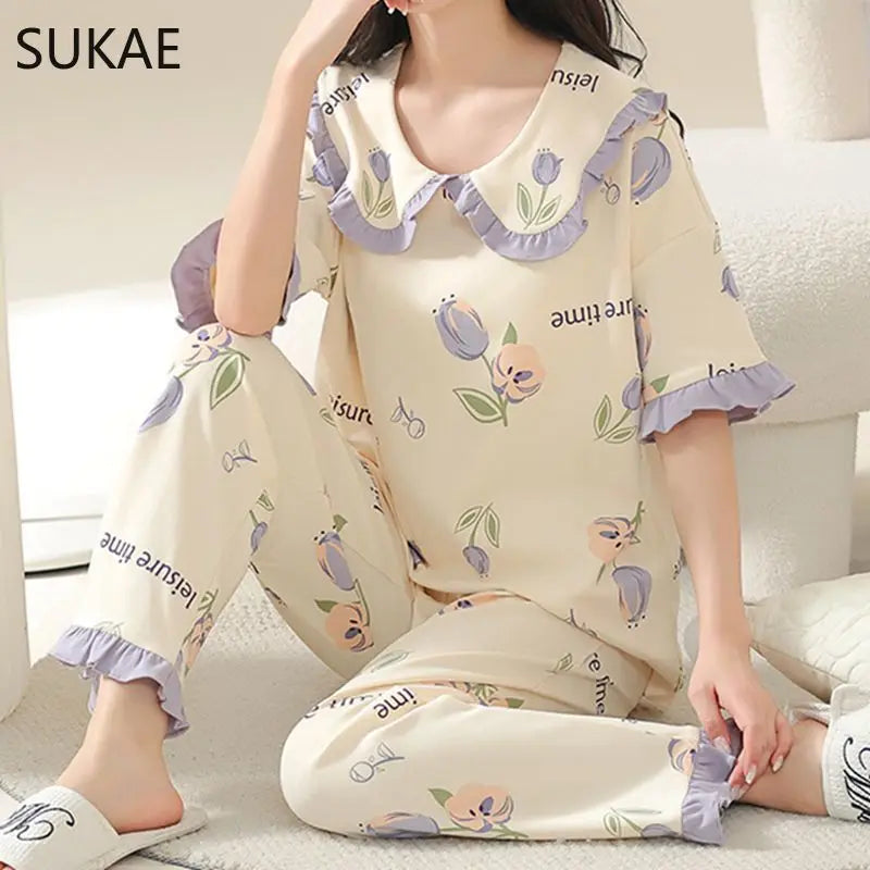 SUKAE Summer Women Pajamas Set Plus Size M-5XL Cotton Women's Pajama Short Sleeves Nightwear Sleepwear Korean Pijamas for Girl