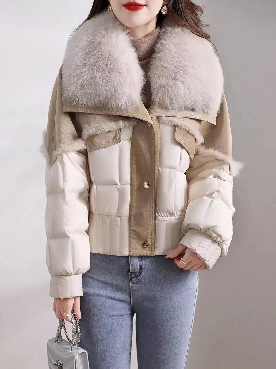 Women's Winter Down Jacket Sheepskin Fabric Fur V-Neck Rabbit Fur Lining Fur Coat Women Warm And Fashionable Jacket - reetell