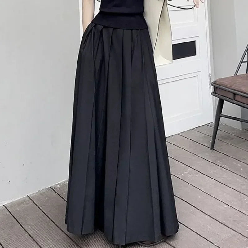 TFETTERS Black Maxi Skirt 2024 Spring/Summer New Low Waist Long Skirts Fashion Retro Casual Pleated Skirts for Women - reetell