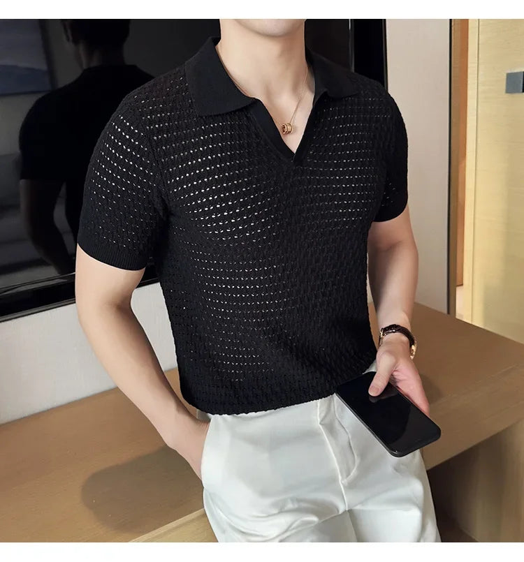 Men's Polo Shirt 2024 Summer New Light and Thin Knitted Hollow Solid Color Casual Short Sleeved V-neck T-shirt Men's Clothing