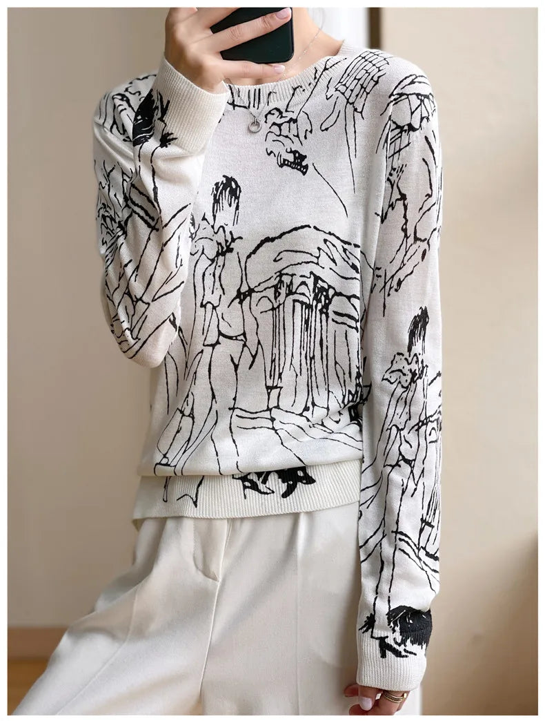 Spring And Autumn New Wool Knitted Cardigan Female Graffiti Print Loose Pullover Long Sleeve Round Neck Thin Sweater Coat XZ TY - reetell