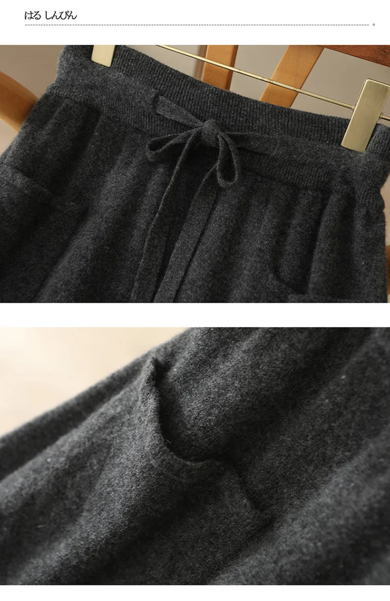 Autumn And Winter100% Pure Wool Skirt Women's Long Pocket Small A Skirt High Waist Slim Cashmere Knit A-Line Skirt - reetell