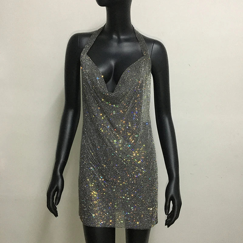 Sexy Backless V Neck Mini Dress For Women Shiny Rhinestone Halter Neck Side Split Sleeveless Dress Party Club Evening Dresses - reetell