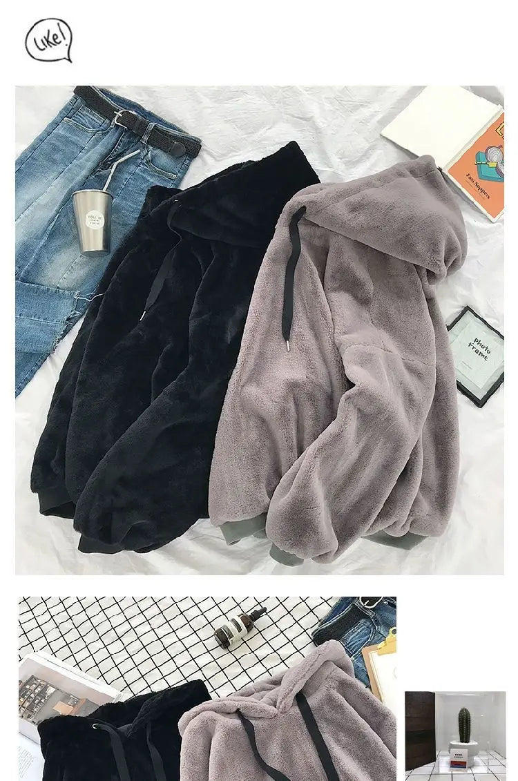 Autumn Winter Fleece-lined Hooded Long-sleeve Sweatshirt Women Hoodies Fashion Loose Couple's Warm Plush Coat Lazy Style Tops - reetell