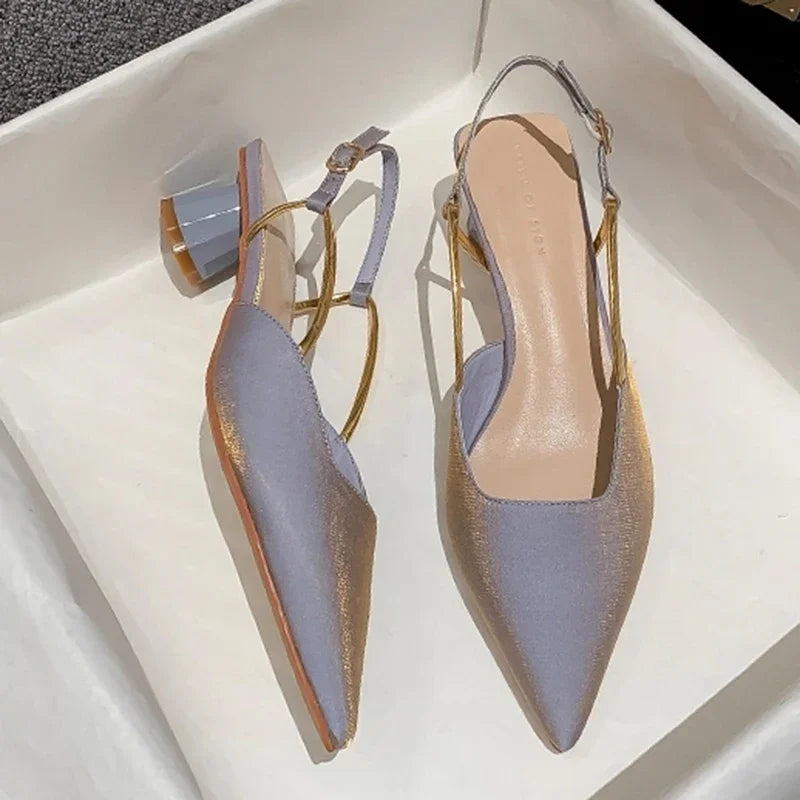 2024Summer Pointed Toe Silk Pumps Women Back Strap Buckle Thick Heels Sandals Woman Shallow Mouth Party Shoes Ladies