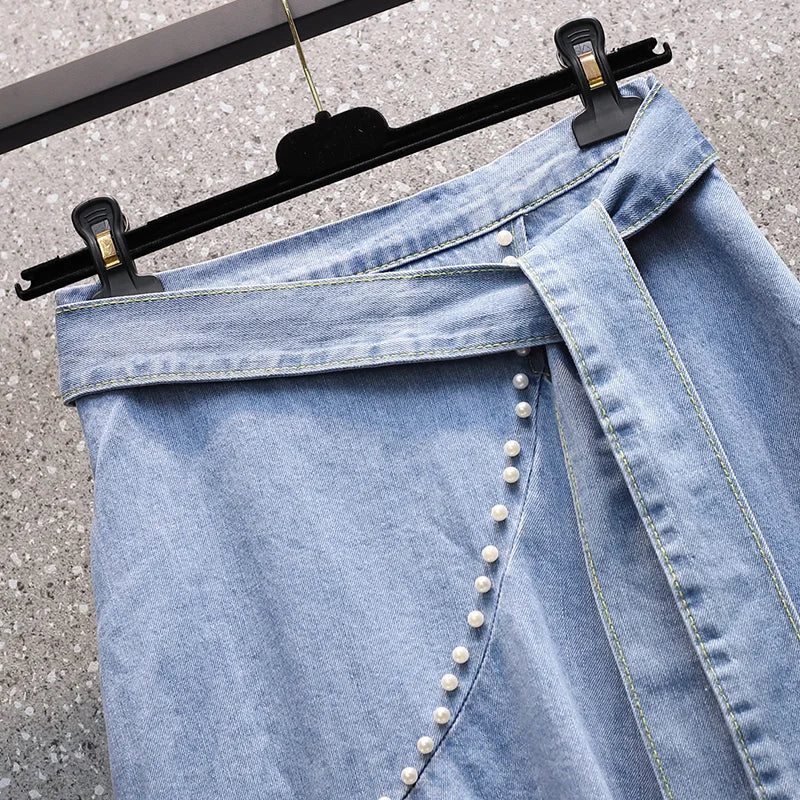 EHQAXIN Women's Casual Denim Skirt 2024 Summer New Simple Irregular Lace-Up Beaded Loose Denim Skirt Ladies Fashion Youth L-4XL - reetell