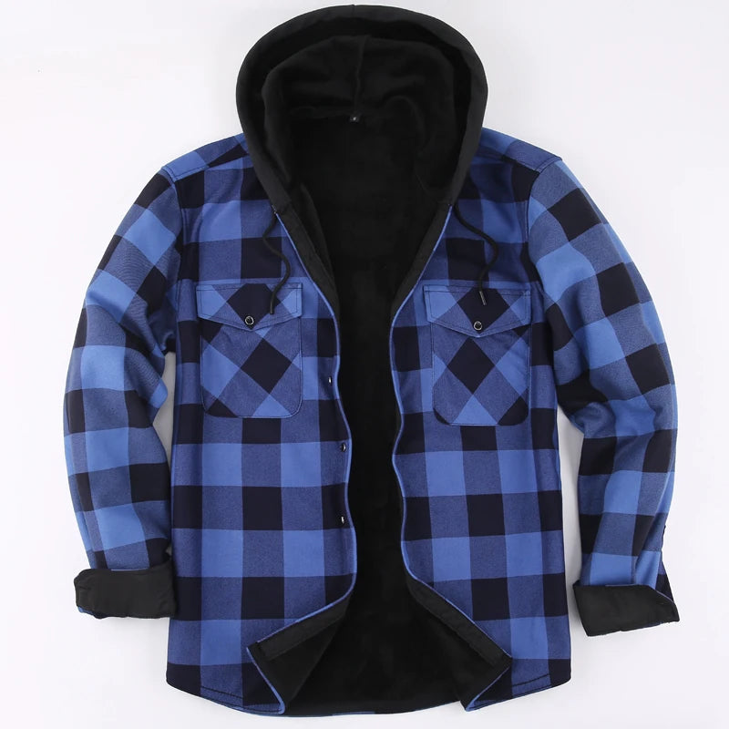 Mens Green Hooded Plaid Winter Shirt Jacket Casual Fleece Linend Warm Shirt Long Sleeve Western Cowboy Flannel Checkered Chemise