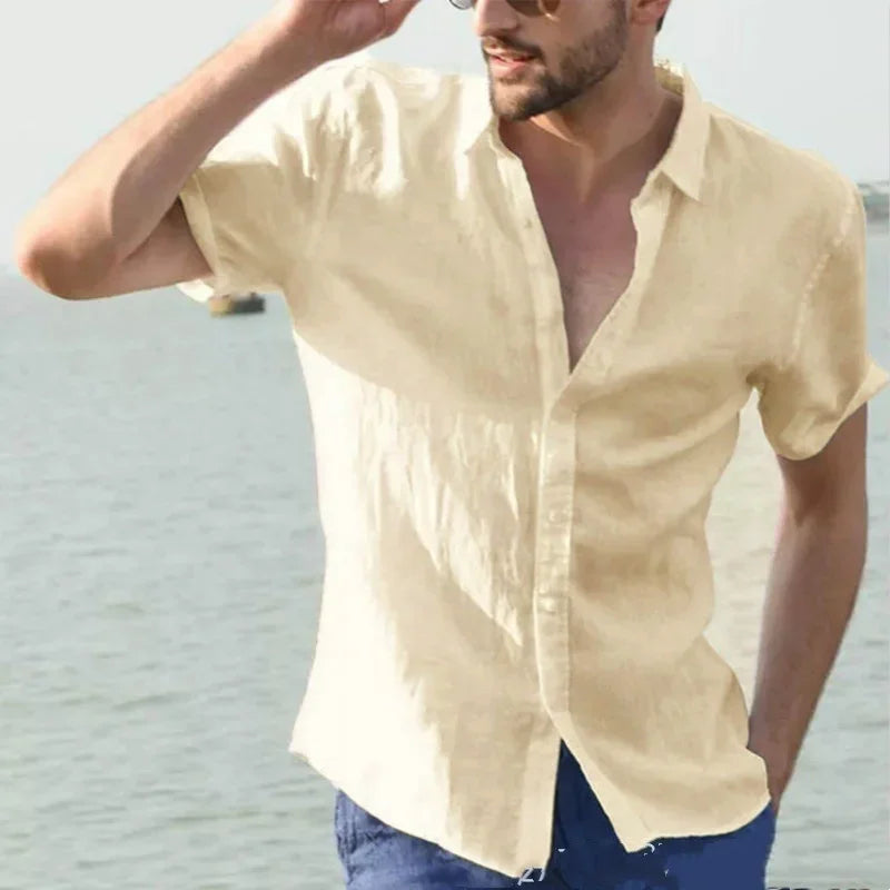 Men's summer breathable thin trendy short-sleeved cardigan casual lapel solid color shirt suitable for outdoor activities