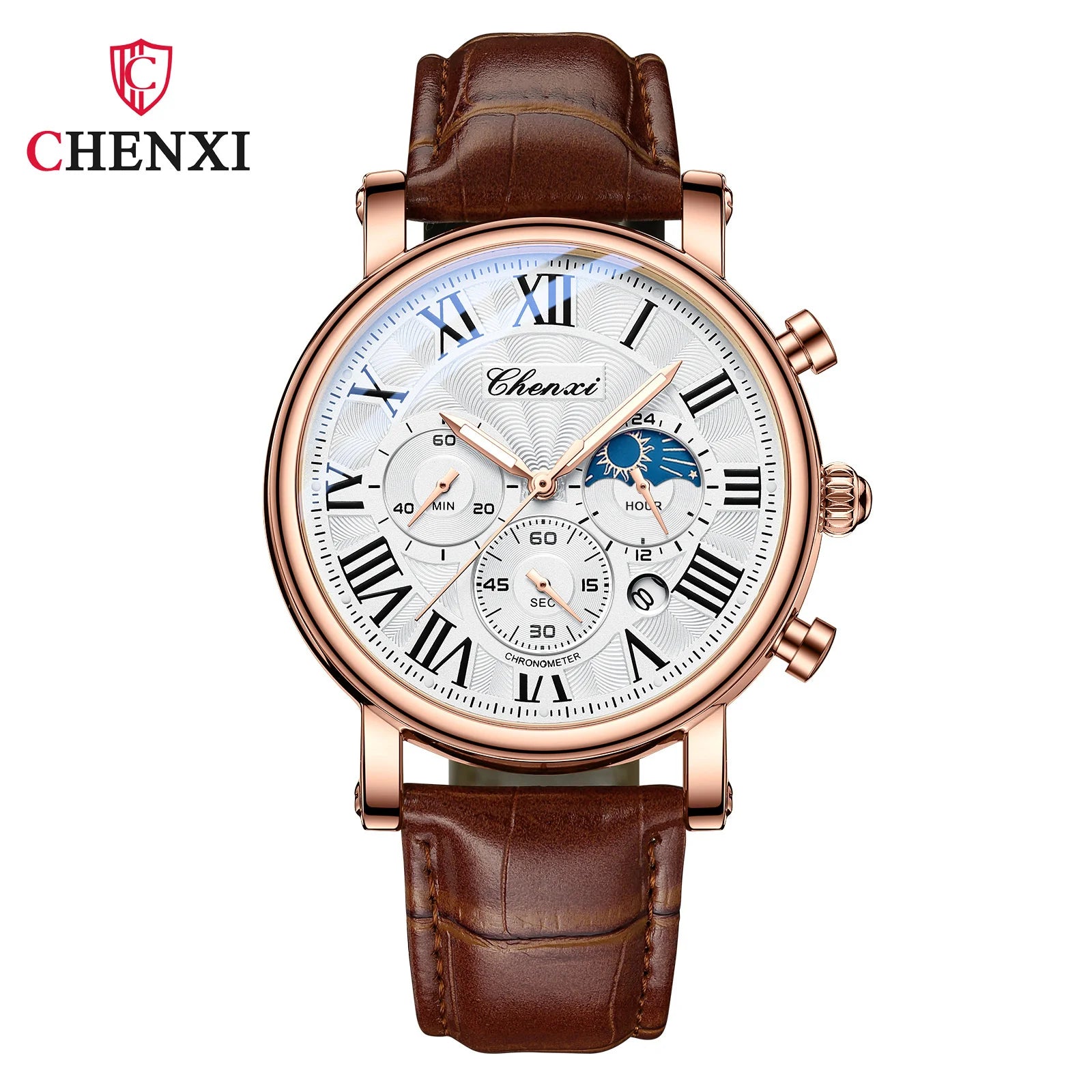 CHENXI 973 Multi-function Business Moon Phase Date Waterproof Rome Analog Imported Men Wristwatch Dial Quartz Leather Watches