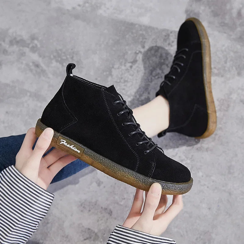 Soft Sole Single Shoes Spring and Autumn Flat Sole Women's Shoes Retro Single Layer High Top Frosted Leather  Ankle Boots Women