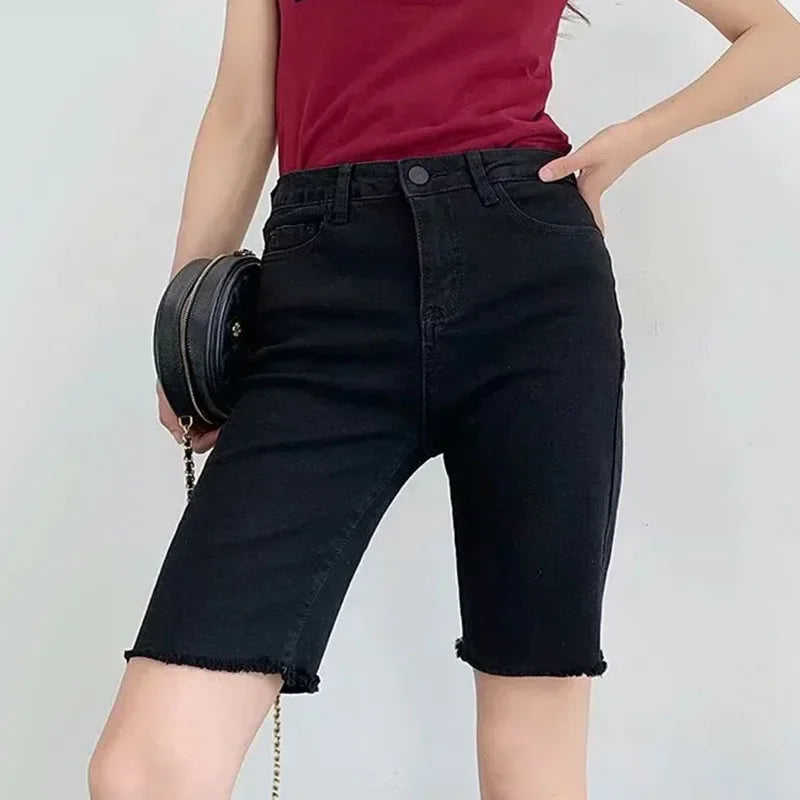 Women High Waist Denim Shorts 2024 Summer Thin Ladies Stretch Skinny Jean Short Pants Solid Color Female Casual Biker Shorts - reetell