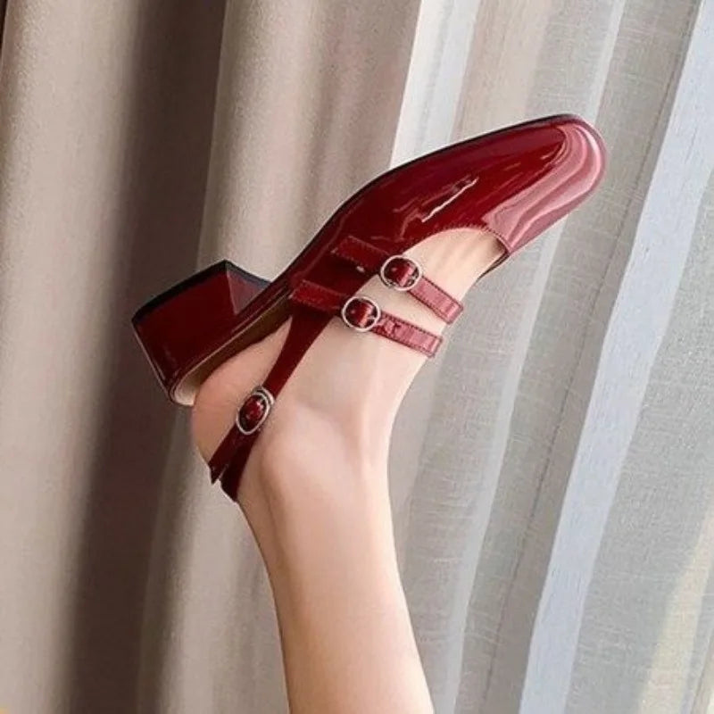 Classic Red Mary Jeans Woman Patent Leather Med-High Heels Sandals Two Buckle Belt Strap Shoes Femme Slingback Lolita Footwear