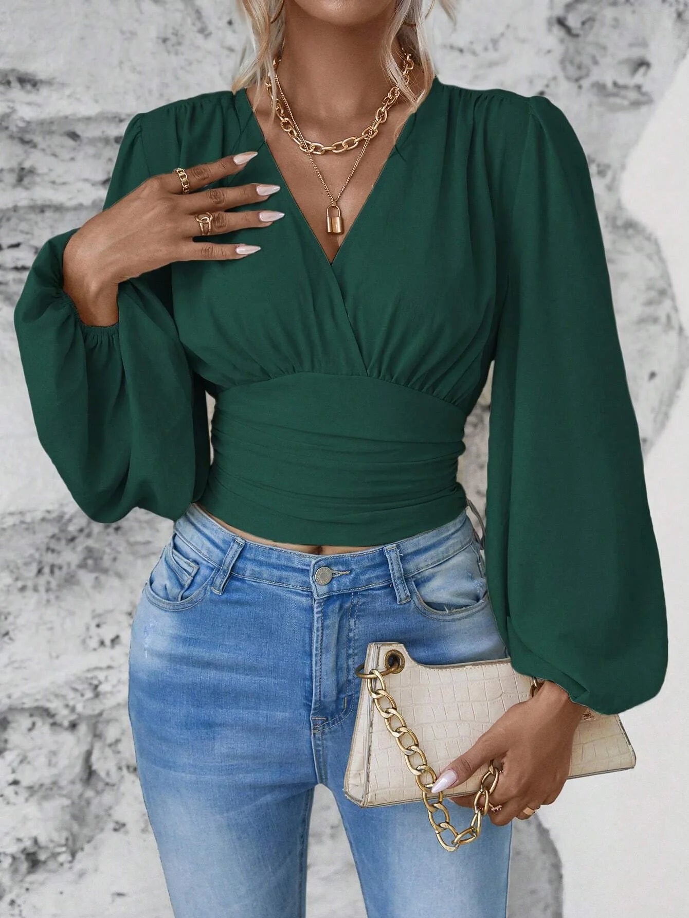 Elegant Lantern Sleeves Crop Top 2024 Spring Autumn New Fashion V-neck Solid Color Ruffled Women's Long Sleeved Black Blouse Y2K - reetell