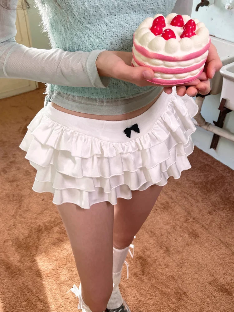 Y2k Kawaii Cute Cake Ruffles White Mini Skirt Women Bow Slim Skirt Elastic Waist Summer A-line Skirt Going Out Party Streetwear - reetell