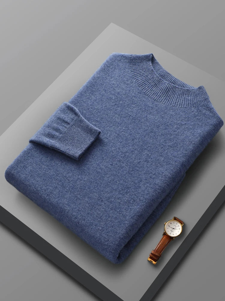 Spring Autumn 100% Merino Wool Pullover Sweater Cashmere Knitwear Men Mock-Neck Long-sleeve Basic Clothing Grace Tops - reetell