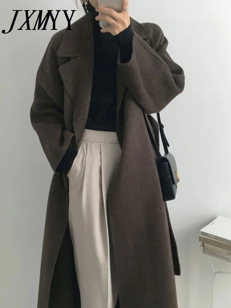 JXMYY French Lazy Style Warm Female Fresh Winter 2024 Classical Belt Retro Loose Women Woolen Coats Chic Casual Long Coat Long - reetell