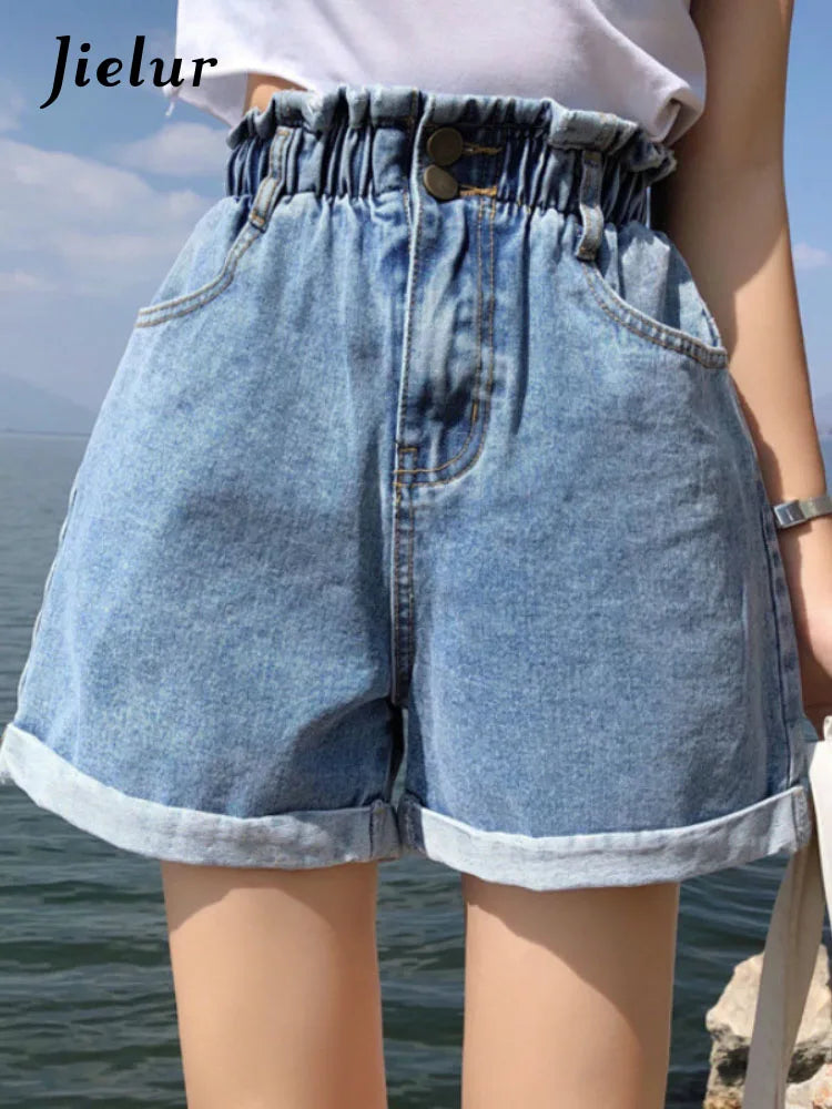 Jielur Summer Black Women Denim Shorts Women S-5XL Harem Ruffled White Blue High Waisted Shorts Female Elastic Short Jeans - reetell