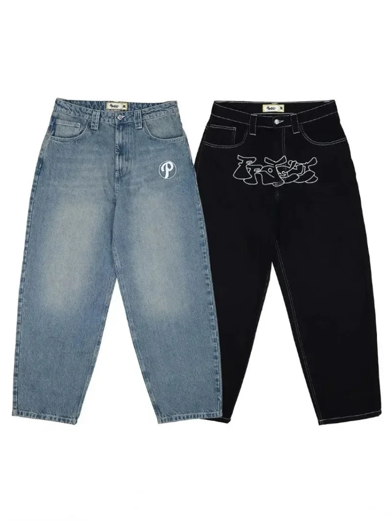 PROTECT Streetwear Jeans Y2K mens Pants Harajuku Hip Hop Letter Embroidery Vintage Blue Baggy Jeans High Waist Wide Leg Trouser - reetell