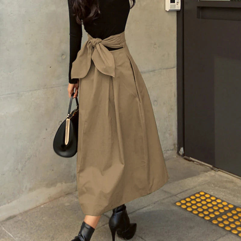 Skirts Womens Korean Fashion Solid Color Big Swing Ladies Skirt Long Skirt 2022 Autumn Wild High Waist Bow Slim Skirts - reetell