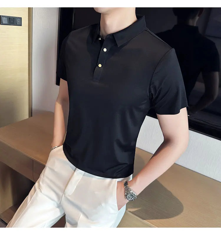 Ice Silk Traceless T-shirt Men's  Business Casual Solid Color Half Sleeve High Elasticity Top Silk Smooth Breathable POLO Shirt