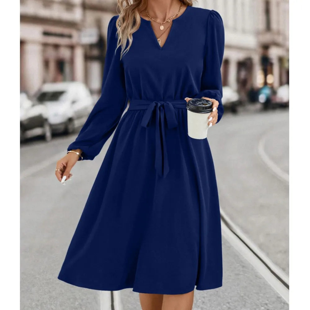 Elegant Women's Solid Color Lace Up Knee Length Dress 2024 New Autumn Winter Women's Long Sleeved V-neck Dress Vestido Femininos - reetell