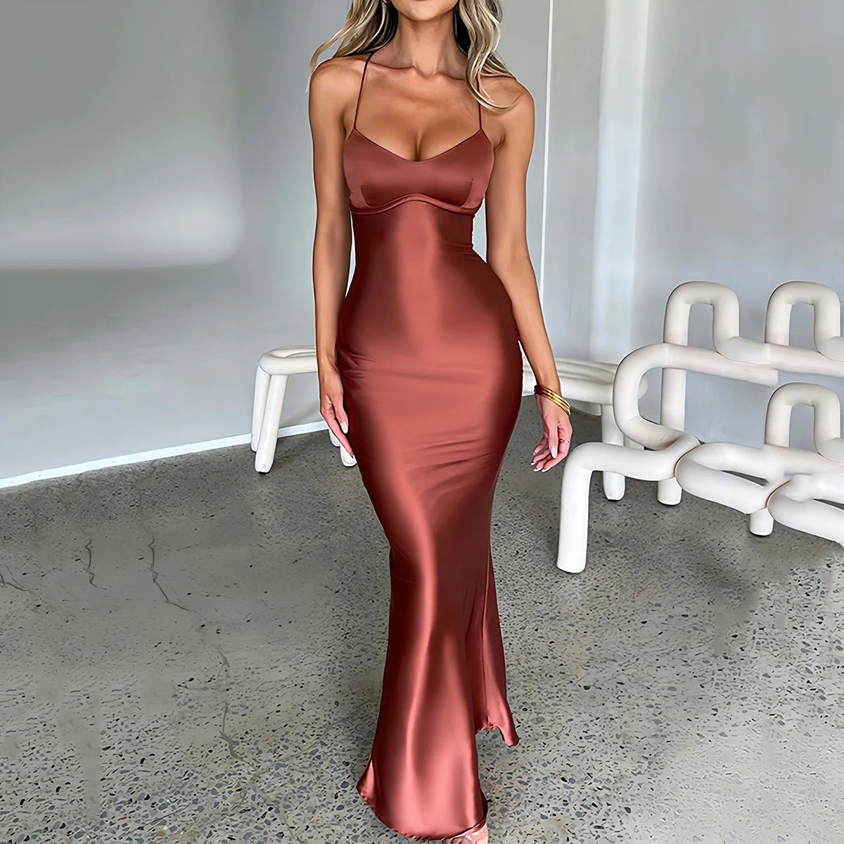 Summer Long Dress Women Evening Dresses Fashion Sexy Club Party Dresses Suspender Satin Dress Backless Strappy Waist Long Skirt - reetell