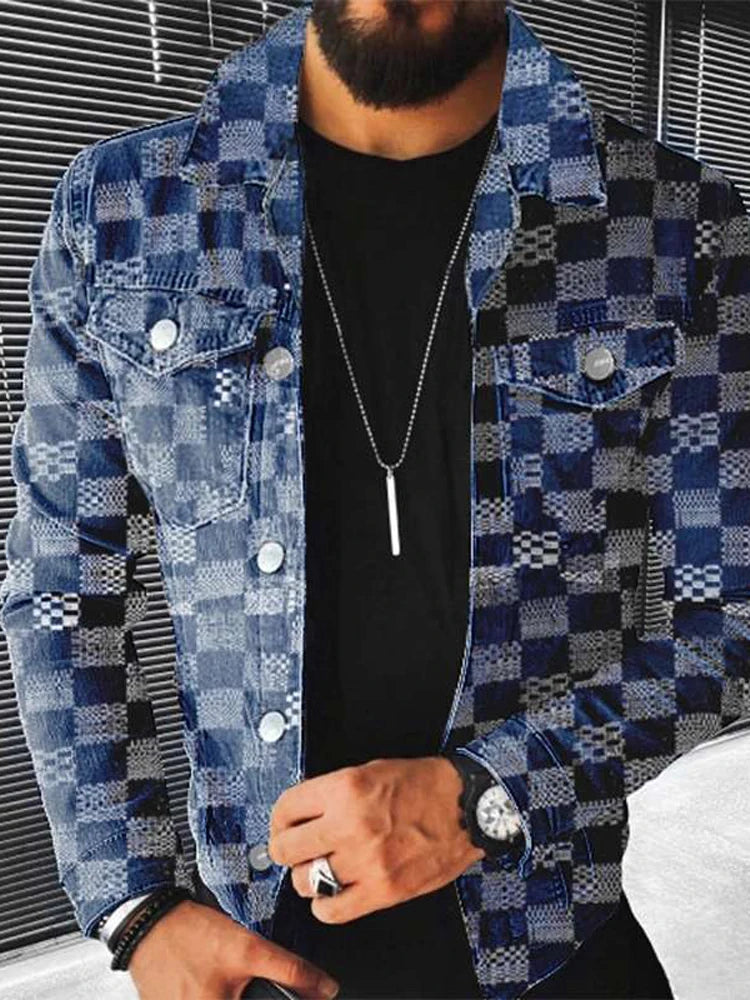 Hip Hop Men's Denim Jacket Streetwear Fashion Plaid Jean Coats For Men Autumn Winter Casual Long Sleeve Slim Outerwear Mens Coat