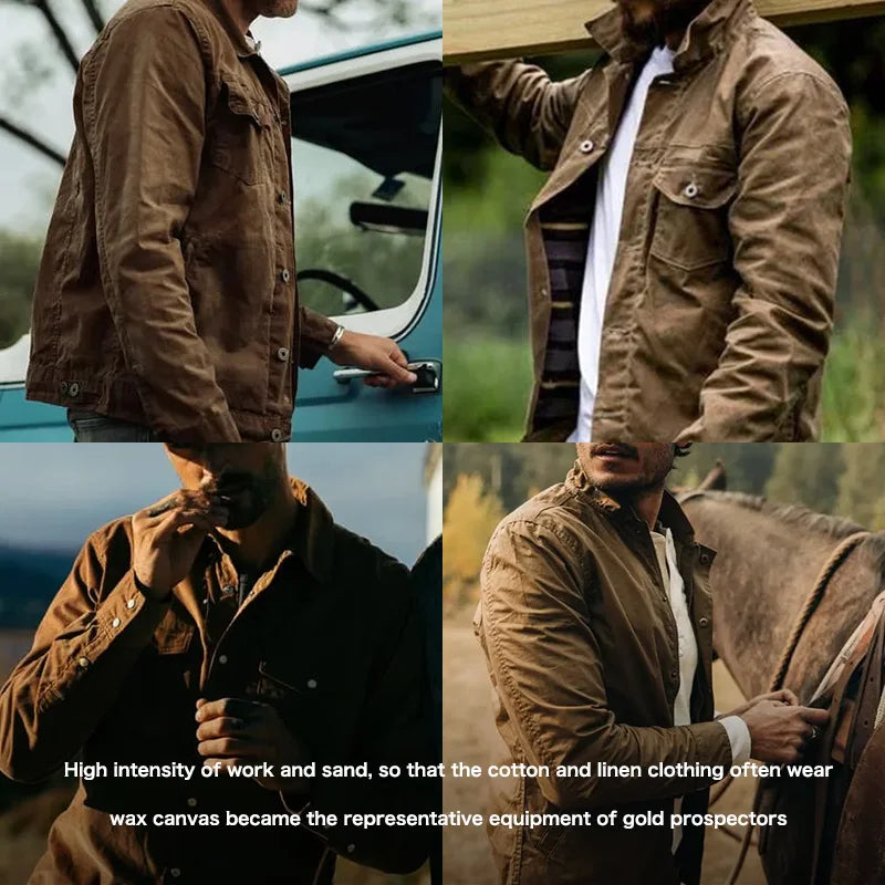 Maden Retro Heavyweight Canvas Oil Waxed Jacket Cotton Waterproof Hunting Coat Male Autumn Khaki Casual Work Safari Style Jacket - reetell