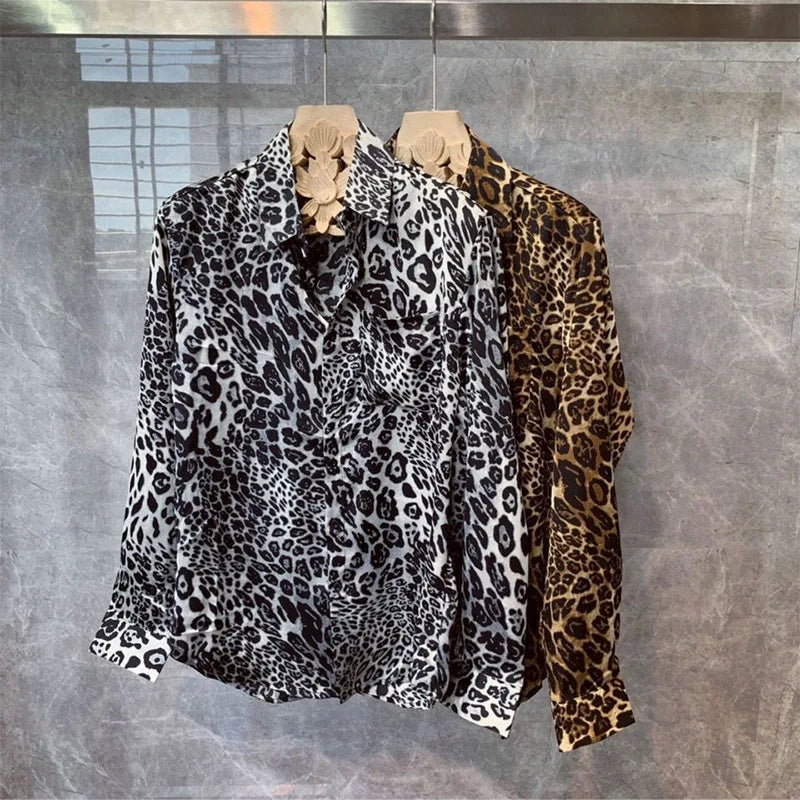 Spring Autumn Polo-neck Personality Leopard Printed Shirt Male Long Sleeve Harajuku Y2K Streetwear Casual Fashion Blouse Top Men