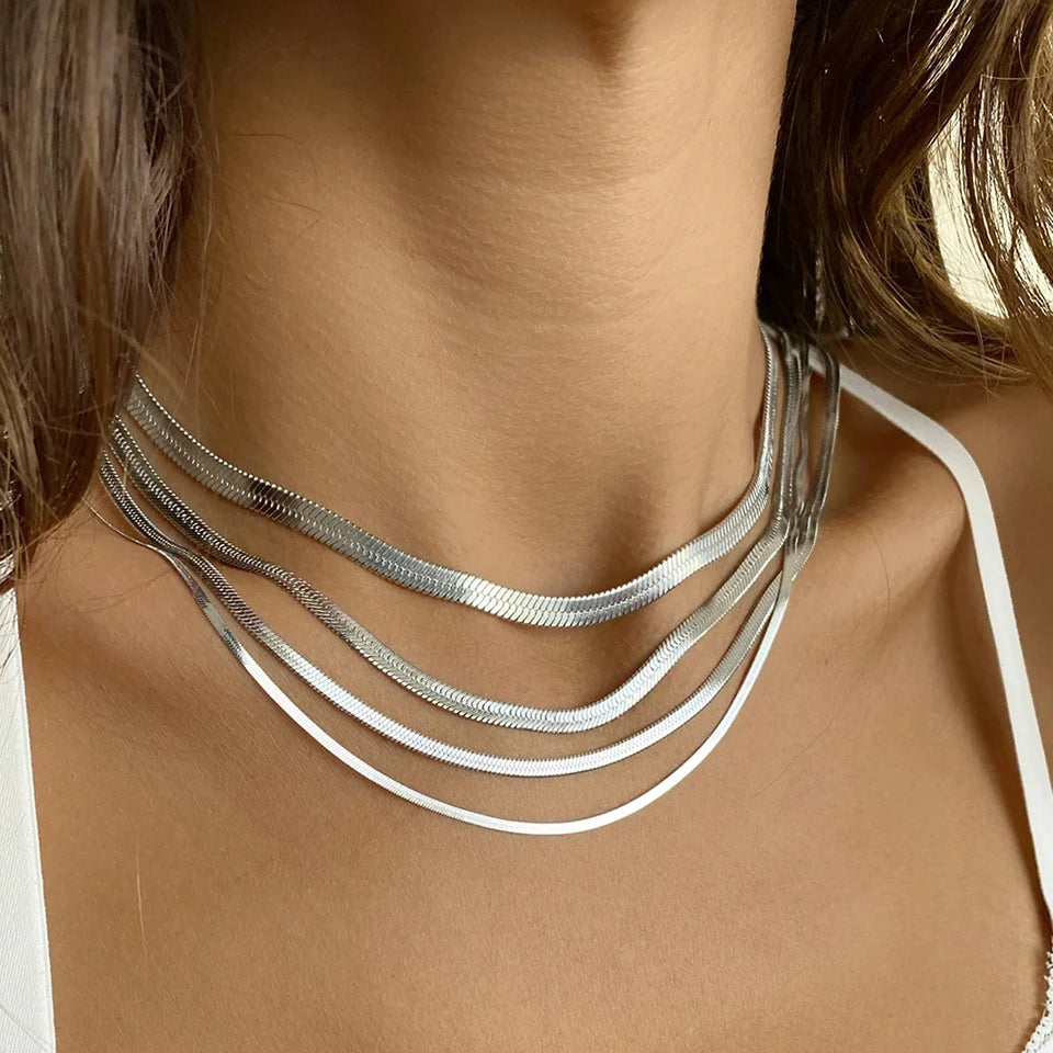 eManco Unisex Snake Chain Necklace Silver Color Choker Stainless Steel Herringbone Chain Necklace For Women Jewelry Wholesale