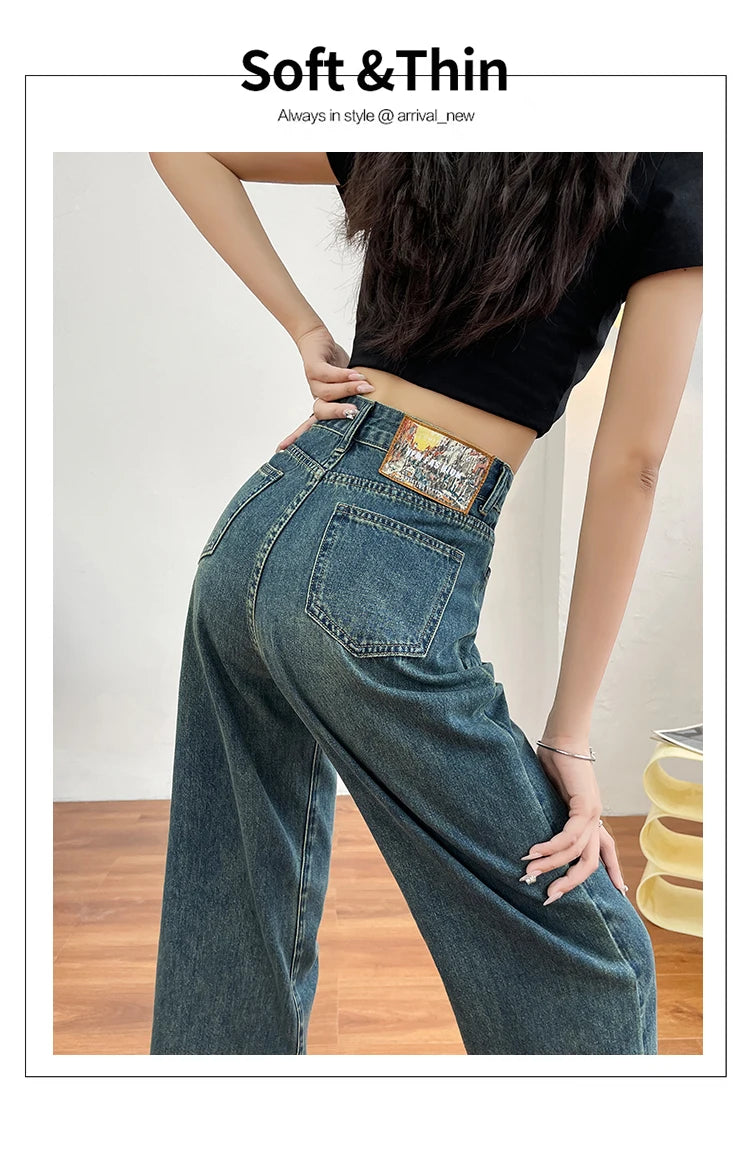 No stretch women jeans new straight leg wide streetwear high waist boyfriend pockets denim trousers cargo pants japanese y2k - reetell